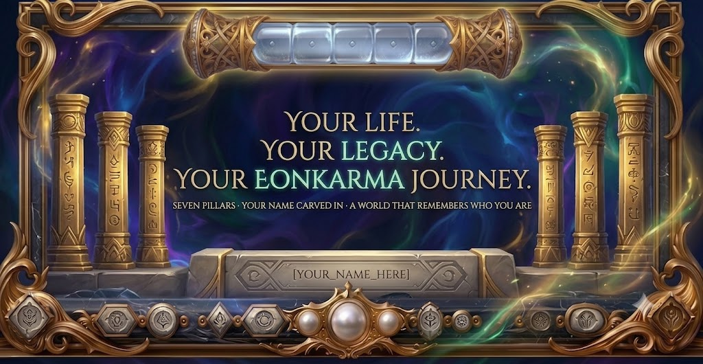 An ornate golden frame with carved pillars and a glowing hourglass, set against a swirling nebula of blue, violet, and green light.